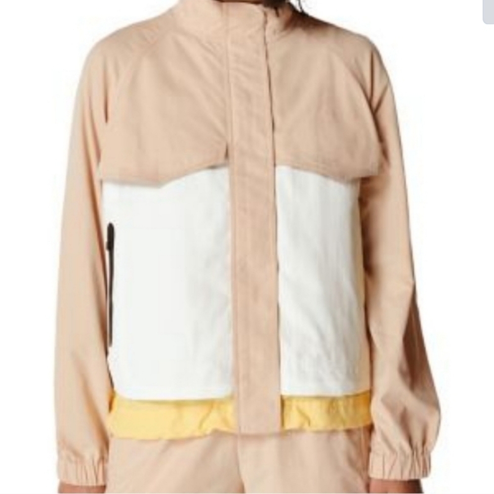 SWEATY BETTY Beige White Yellow Agile Jacket Sz L 12 NWT Color Block Cropped